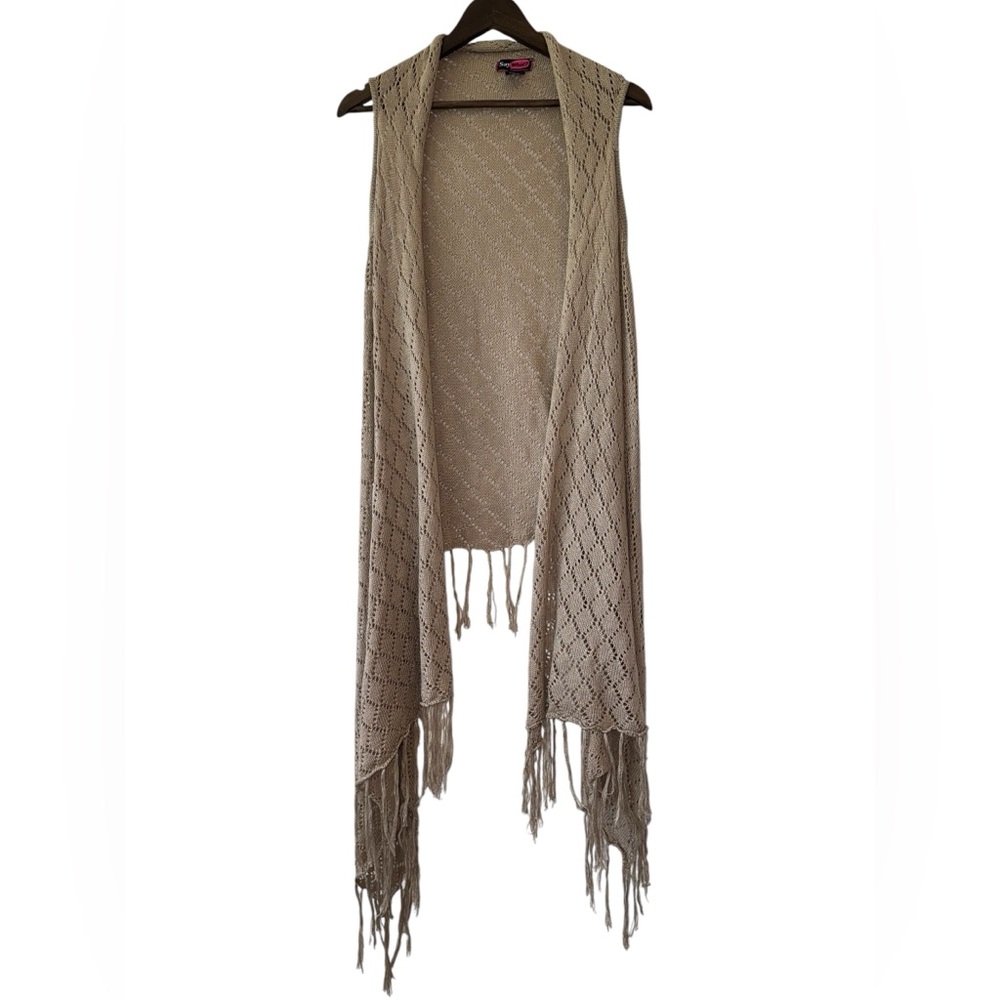 Say What? Women Knitted Fringe Sleeveless Open Front Tan Nude Boho Cardigan Sz L